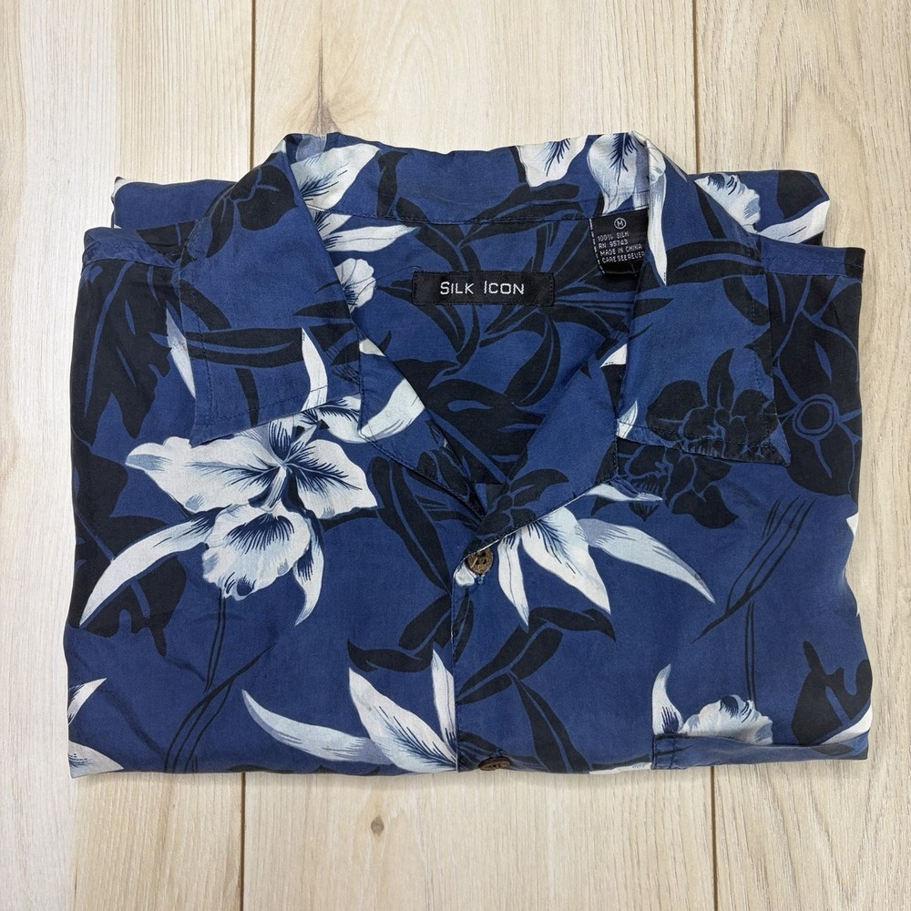 Silk Icon Shirt Mens Medium Blue Floral Hawaiian Silk Button Up Tropical Beach
